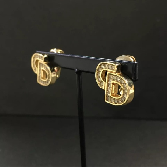 AUTH Christian Dior CD Logo Rhinestone Earrings Gold - Picture 3 of 7